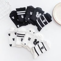 10 Pairs Cartoon Mickey Head Print Crew Socks Black White Striped Polka Dot Ribbed Knit Cotton Casual Socks for Women Girls
