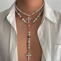 Elegant Imitation Pearl Long Tassels Necklace for Women Fashion Cross Pendant Necklace Choker Y2K Neck Jewelry Accessories Gift