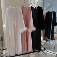 French Style Bride Wedding Robe Dress Set Lady Sexy V-Neck Chemise Sleepwear Feather Sleeve Trim Kimono Bathrobe Satin Lingerie image 4