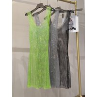 Robe mi-longue Sexy sans manches, squelette, paillettes, strass, filet de pêche, maille transparente, col rond, robe de soirée, nouvelle collection 2023