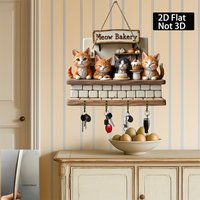 2D Cute Four-Cat Cartoon Cake Design Wooden Key Hook Multi-Functional Home Wall Decor Porch Storage Organizer