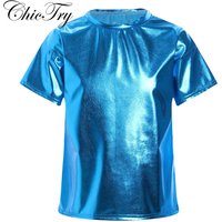 Kids Girls Boys T Shirt Jazz Dance Streetwear Tops Metallic Shiny Short Sleeve Round Neck T-shirt Fashion Performance Costumes
