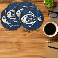 4pcs 2D Flat Sea Fish Shaped Wooden Coasters Retro Coffee Shop Furniture Decor Cup Mats Desktop Protection Pads Ideal Home Gifts