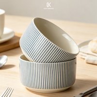 Minimalist Blue Striped Ceramic Bowl Japanese Porcelain Salad Soup Rice Cereal Bowl Microwave Dishwasher Safe Tableware