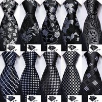 Designer Ties for Men Black Silver Gray Solid Paisley Striped Plaid Floral Neck Tie Pocket Square Cufflinks Set Barry·Wang