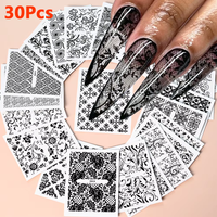 30Pcs Black/White Lace Flower Nail Art Stickers 5.2*6.2cm Stripe/Line/Floral Self-adhesive Slider Wedding Luxury Manicure Decals