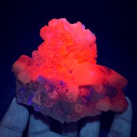 Natural polyhedral pink red Fluorescent calcite mineral specimen + healing quartz crystals and stones rock gemstone