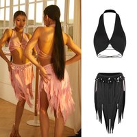 ZYM Cha Cha Latin Dance Costume Women Latin Dance Competition Clothing Adults Sexy Halter Latin Top Fringed Skirts SL15659