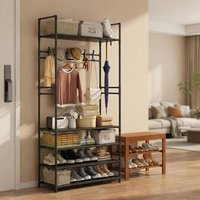 "Multi-Functional" Metal-Style Full-House Coat Rack, Vertical Clothes Rack - Dual-Rod Design, Multi-Layer Storage Space for Clothes, Shoes, Hats, Luggage, Keys, Earphones, Hats, Multi-Purpose Hooks,