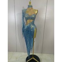 Sparkly Diamond Blue Rhinestone Mesh One Shoulder Tassel Dress Sexy Eveing Party Bar Nightclub Stage Costume Latin Dance Outfits