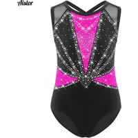 Kids Girls Gymnastics Leotard Round Neck Sleeveless Crisscross Back Shiny Rhinestones Color Block Bodysuit Performance Dancewear