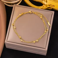 Stainless Steel Charm Trendy Gold Color Double Layer Round Bead Bracelet for Women Classic Simple No Fading Bangle Lucky Jewelry