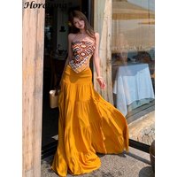 Women's 2 Piece Set Sexy Boho Print Tube Top & High Waist Tiered Maxi Skirt Summer Elegant Beach Vacation Flowy Casual Outfit