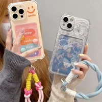 3D Dot Smile Butterfly Lanyard Casing For Samsung Galaxy S26 S25 S24 Ultra S23 S22 Ultra Plus FE A56 A17 A07 5G Card Holder Case