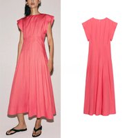 Summer New Women's Casual Style A-Line Skirt Dress Pleated Waist-Cinching round Neck Short Sleeve 2132654 Polyester Fiber