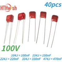 40PCS 100V CBB Capacitor 104J 100nF 154J 150nF 224J 220nF 334J 330nF 474J 470nF Polypropylene Film Capacitor 0.1uF 0.15uF 0.22uF