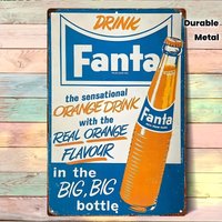 2D Flat, 1pc Vintage Fanta Brand Soda Metal Wall Sign - 8x12 Inch (20x30cm) Blue/White/Orange Retro Logo Iron Plaque for