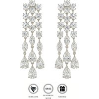 Long Moissanite Drop Earrings, Rhodium Plated S925 Silver, Pear & Round Cut, Micro Pave, 81mm