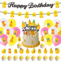 Cute Swim Duck Theme Happy Birthday Banner Cake Toppers Balloon Swirl Hanging for Kids Summer Birthday Baby Shower Party Decor