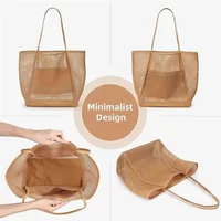 Women's Large Capacity Beach Tote Bag Foldable Mesh Beach Bag Swimming Bag Woven Shoulder Bag with Open Top for Travel Shopping