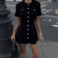 2026 Summer Knit Dress Women Short Sleeve Buttons A-Line Mini Dresses Female Rib Slim Sweater Dress For Vacation Party
