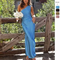 Women's One-Shoulder Satin Maxi Dress Elegant Bridesmaid Dress with Side Slit for Formal Parties Vestidos De Fiesta Elegan