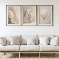 Set of 3 Simple White Peony Flower Neutral Modern Wall Art Prints, Beige Plant Canvas Poster, Photo Flower Gallery Decoration, B