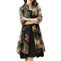 Summer New Fashion Dress Suit Women Solid Color Slip Dress and Floral Printing Casual Half Sleeve Button All-match Elegant Coat