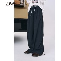 ELFSACK 2025 Autumn New Arrival Y2K Plaid Panel Black Wide-Leg Pants Loose Trousers For Woman