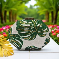 Green Leaf Diamond Evening Bag Gold Crystal Wedding Prom Clutches Formal Lady Rhinetone Chain Shoulder Handbags Party Purse