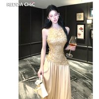 REDDACHiC Women Stitch Lace Halter Dress Gold Slim Sleeveless A-line Flowy Satin Maxi Long Dress Cocktail Party Summer Clothes