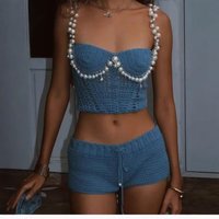 Sexy Knitted 2 Piece Suits For Women Women Slim Hollow Out Beading Crochet Crop Vest Shorts Sets 2026 New Beach Outfits