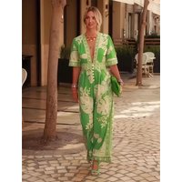 VEITCHE Women Vintage Printed Jumpsuits Elegant V-neck Short Sleeve Wide Leg Playsuits Casual High Waisted Vacation Rompers