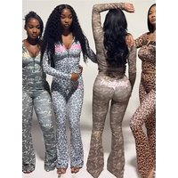 SiSterlinda Hooded 2 Piece Set Women Letter Leopard Zip Jacket+Flare Pants Casual Matching Stretch Sporty Streetwear Tracksuit