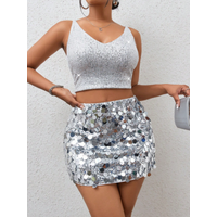 Women's Silver Sequin Mini Skirt High Waist Bodycon Sparkly Party Skirt