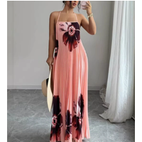Women Dress 2026 Spring Summer New Fashion Floral Printed Halter Sexy Backless Sleeveless Loose Pleated Casual Vacation Dress