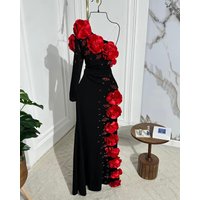 Customized Fashion Strapless Jersey Long Sleeves Appliques Evening Dresses Elegant Ankle Length Celebrity Gowns Vestido De Noche