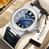 BINBOND precise quartz wristwatches for men luxury luminous waterproof auto date leather strap durabble men's watch casual reloj
