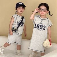 2026 Summer New Children Short Sleeve Clothes Set Boys Letter Print T Shirts 2pcs Suit Girls Vest Dress Kids Brother Sisters Set