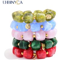 Candy Color Square Acrylic Beaded Bracelet for Women, Stainless Steel Round Beads, Elegant Spring Summer Vibrant Jewelry