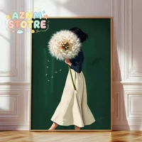 Emerald Green Woman With Dandelion Canvas Prints Poster modern Minimalist abstract Art Prints living Room Wall Art Home Decor