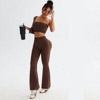 Women 2Pcs Seamless Yoga Set Strapless Tube Crop Top + High Waist Flare Leggings Workout Gym Sports Outfit