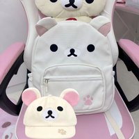 Cartoon Rilakkumas Backpack With Peaked Cap Set Korilakkuma Embroidery Canvas Women Backbag Hat Large Capacity Kids School Bag