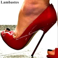 Red Glossy Leather Shallow 16cm 18cm Pumps Stilettos High Heel Shoes For Women Slip On Peep Toe Gogerous Banquet Women Pumps
