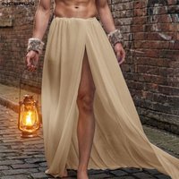 INCERUN Men Skirts Solid Color Elastic Waist Joggers Loose Casual Men Bottoms Steetwear Split Side 2026 Personality Male Skirts