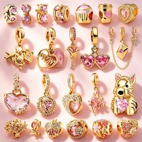Gold Plated Charm DIY Pink Fine Jewelry Gift Hot Air Balloon Cherry Blossom Pet Dog & Cat Hearts Bow Beads Fit Original Bracelet
