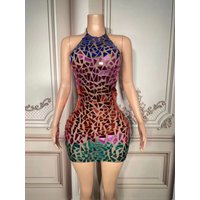 Multi-color Rhinestone Chain Slit Mini Dress Women Evening Party Birthday Prom Sexy Fashion Short Outfit Singer Dance Stage Wear