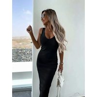 Spring and Summer Ribbed V-Neck Sleeveless Tank Dress, Slim-Fitting, Hip-Hugging, Mid-Length, Sexy Style Long Dress