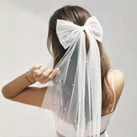 Women Long Ribbon Mesh Bow Hair Clips Pearls Hairpin Veil Short Bridal Wedding Party Bride Hair Accessories HLTS06