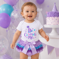 Purple Blue Baby Girl 1st Birthday Outfit Celebrate Me Print Bodysuit+Tutu Skirt Cake Smash Party Costume 6-18M